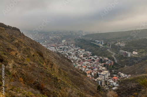 Sololaki district of Tbilisi, Georgia scenic view from Mtatsminda - Narikala hiking trail