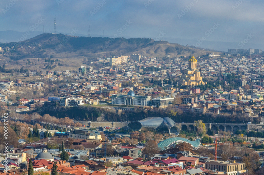 Holy Trinity Cathedral, Bridge of Peace and Tbilisi city center scenic view from Narikala fortress