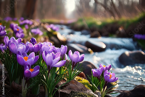 spring crocus flowers, crocuses in the forest with  river photo