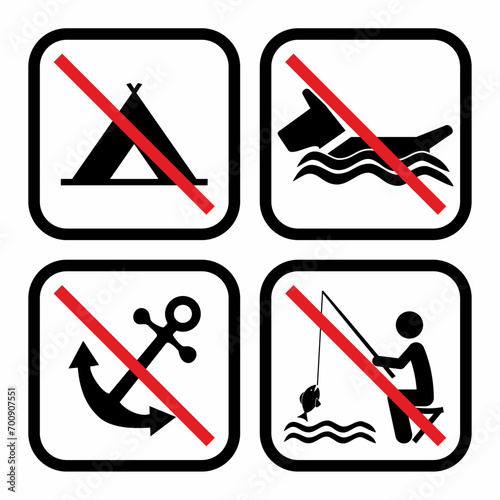 Set icon, vector symbols, group red crossed signs, Prohibition of camping, bathing dogs, anchoring boats, fishing,