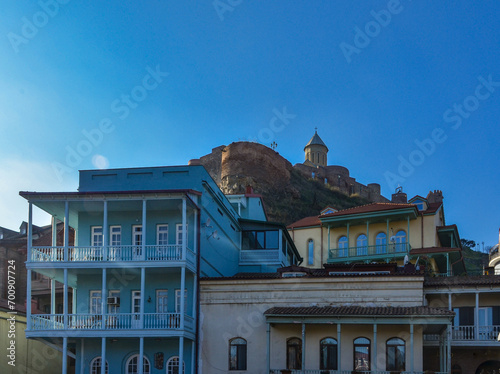 Narikala fortress ruins and Saint Nicholas's Orthodox Church view from Abanotubani district (Tbilisi, Georgia) photo