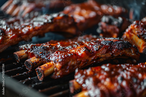 A Close-Up of Juicy BBQ Ribs Smoking to Delicious Perfection, Infusing Mouthwatering Aromas and Flavor