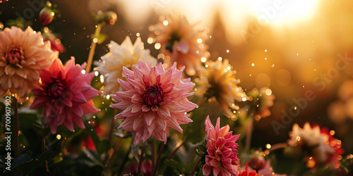 A Colorful Mix of Dahlia Flowers Adorned with Raindrops, Set in a Rustic Garden Against the Serene Backdrop of a Sunset. A Captivating Banner of Nature's Beauty Blooms of Elegance © Asiri