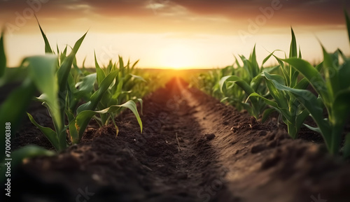 bottom view of young shoots of corn planted in rows. earth and green plants in the background sunset © Riz