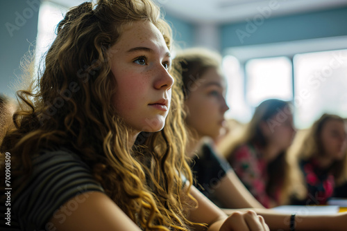 A Young Female Student Sitting at a Table in a Classroom, Engaged in an Educational Environment, Eagerly Listening to the Teacher or Professor. A Scene of Dedication to Knowledge in University,