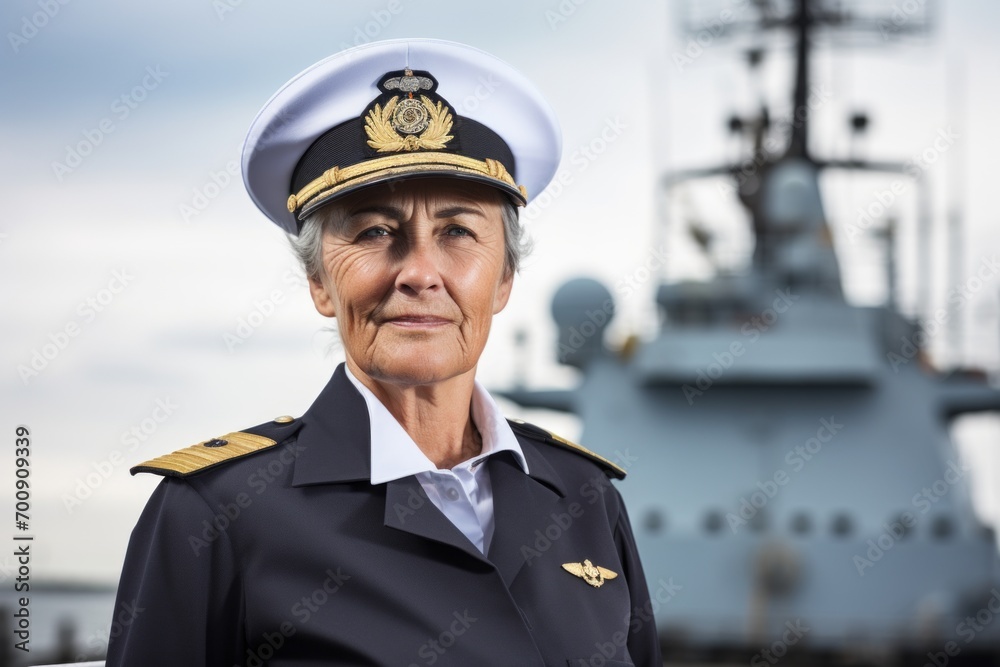 Portrait of senior sailor woman on background of navy ship in sea Portrait of senior sailor woman on background of navy ship in sea