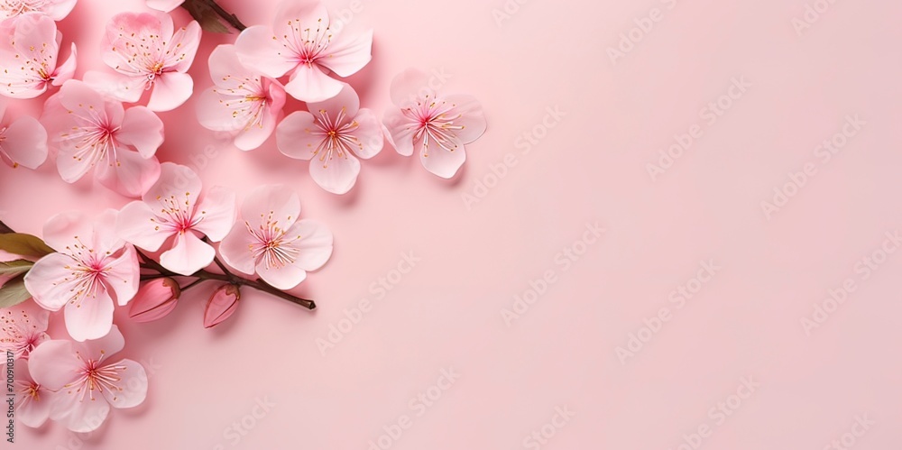 Banner with Sakura flowers on light pink background. Greeting card template for Wedding, mothers or woman day. Springtime composition with copy space. Flat lay style 