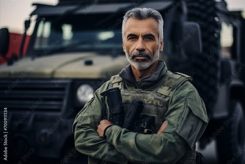 Portrait of confident mature man with binoculars standing in front of truck