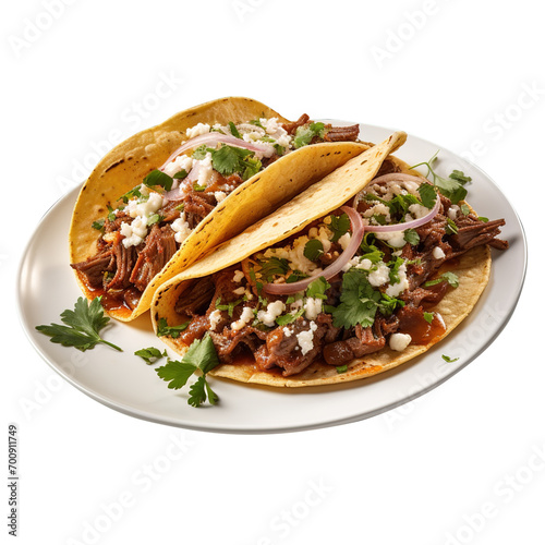 Mexican delicious tacos with beef, tomatoes, avocado, chili, lemon and onions, home made salsa, street food on a plate isolated on transparent background, clipping path, png,