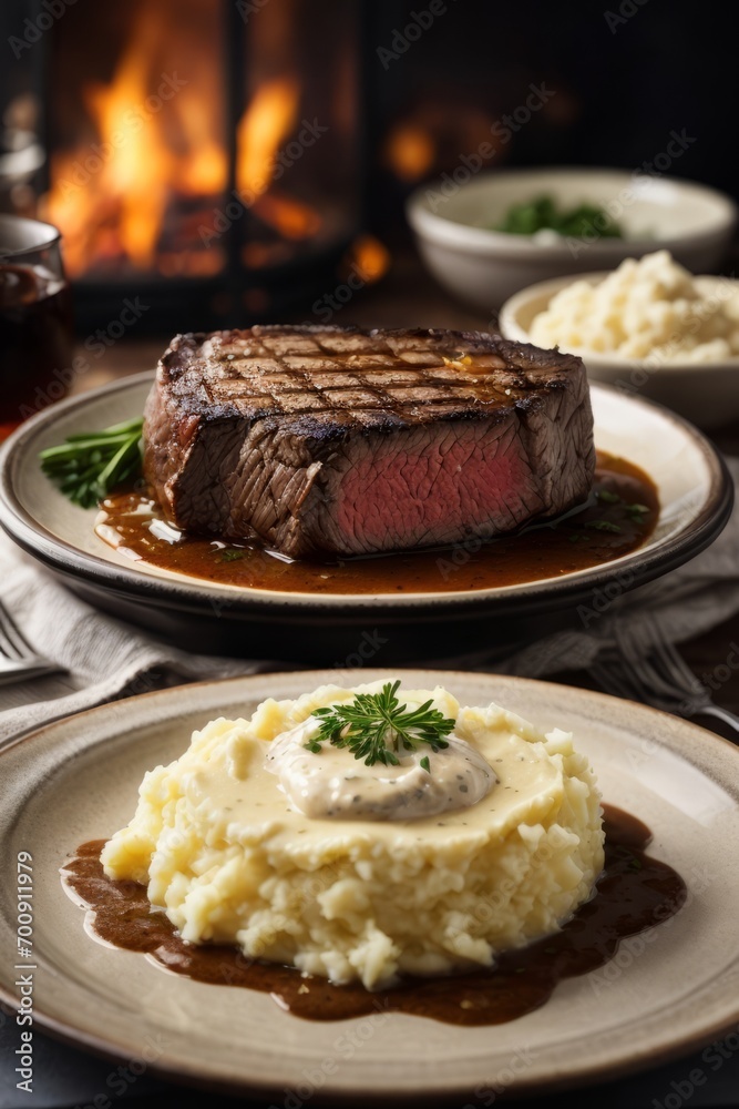 Close-up of a delicious piece of steak on a plate in a restaurant. Close-up of a delicious piece of steak on a plate in a restaurant.
