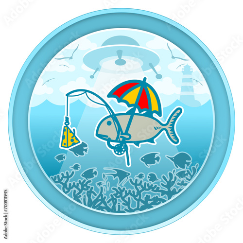 Fishing adventure concept in round blue frame. A fish with an umbrella is fishing on the blue ocean, a UFO hovers over. Coral reefs and fish underwater, seagulls and light clouds in the blue sky.