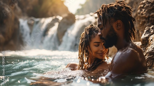 afro american couple relaxing in a nature pool deeply in love