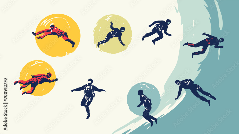diversity of skydiving disciplines in a vector scene featuring different disciplines such as formation skydiving, freeflying, and wingsuit flying. 