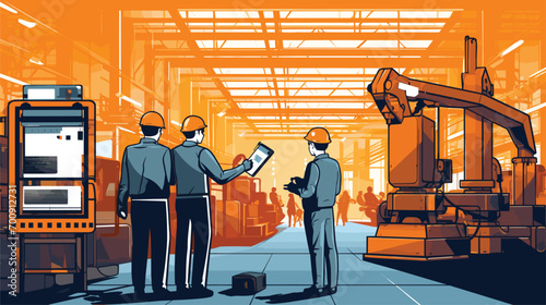 safety-conscious culture within a technologically advanced factory with a vector art piece featuring men and robots adhering to strict safety protocols. 
