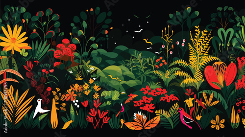 vitality of a lush rainforest in a vector scene featuring a vibrant tapestry of plant life and diverse animal species. 