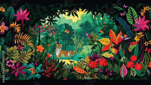 vitality of a lush rainforest in a vector scene featuring a vibrant tapestry of plant life and diverse animal species. 