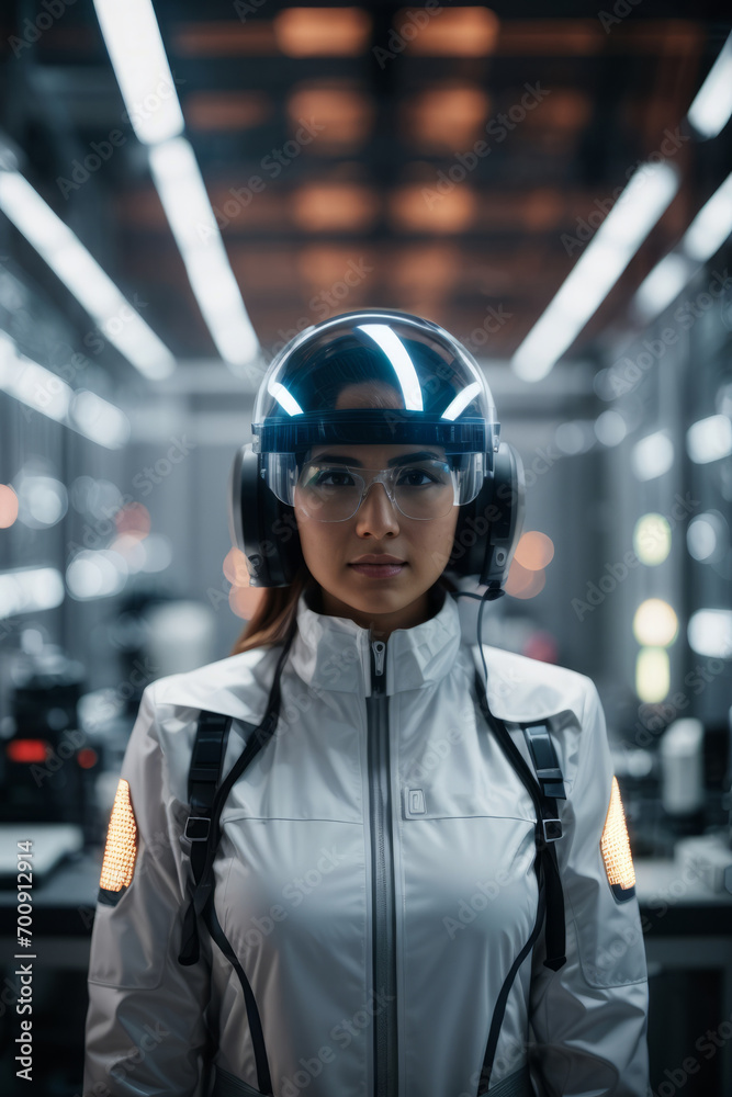 A female microbiologist wearing a protective suit and helmet stands in a modern chemical laboratory. Medicine, science, pharmacy, pandemic concepts. A female microbiologist wearing a protective suit and helmet stands in a modern chemical laboratory. Medicine, science, pharmacy, pandemic concepts.