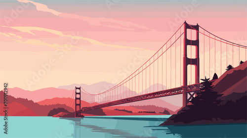 sense of suspension and elegance in a vector scene featuring a suspension bridge soaring across vast expanses.  graceful curves and hanging cables of suspension bridges
