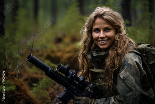 Portrait of a beautiful woman with a machine gun in the forest