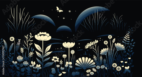 mystique of nocturnal ecosystems in a vector art piece featuring the moonlit landscapes, nocturnal flowers, and creatures of the night