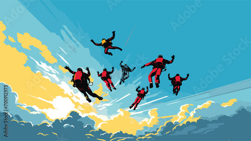 adrenaline rush of accelerated freefall (AFF) training in a vector art piece featuring skydiving students undergoing AFF training with instructors.