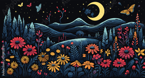  mystique of nocturnal ecosystems in a vector art piece featuring the moonlit landscapes, nocturnal flowers, and creatures of the night. 