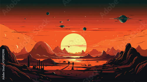 exploration of outer space with a vector scene featuring AI-driven robots on extraterrestrial missions. Illustrate rovers and drones exploring alien landscapes, showcasing the technology