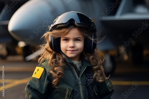 Portrait of a cute little girl pilot on the background of an airplane © Nerea
