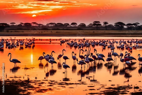 African flamingos in the lake over beautiful sunset, flock of exotic birds at natural habitat, Africa landscape, Kenya nature, Lake Nakuru national park reserve-