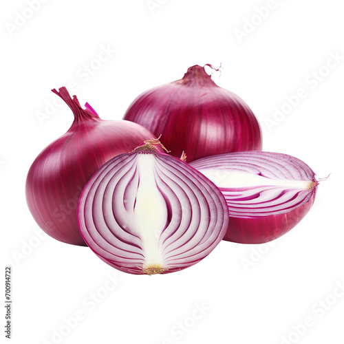 Fresh bulbs and half of red onion on transparent background, red onion vegetable, clipping path, png file, 