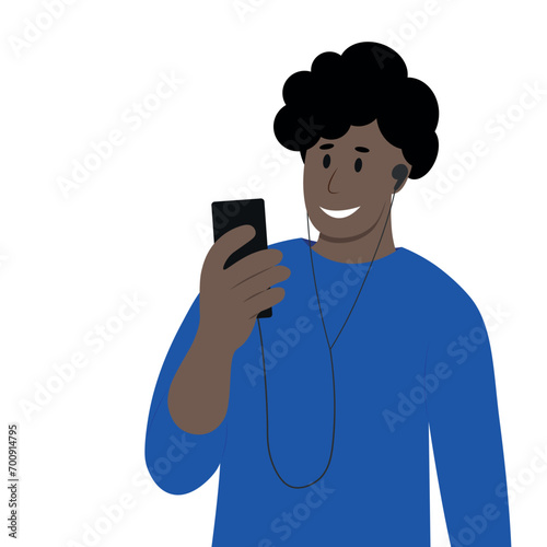 Portrait of a dark-skinned guy with headphones and a phone in his hand, flat vector isolated on white