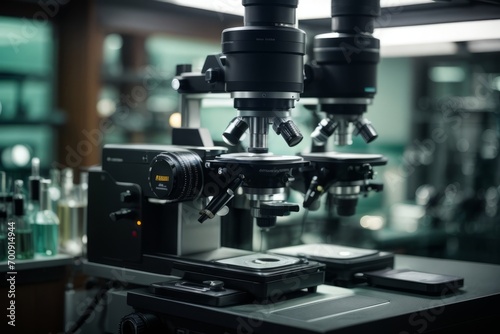 Close-up of a microscope on a table with a chemical tube and glassware in a modern medical laboratory. Scientific research, technology, science concepts.
