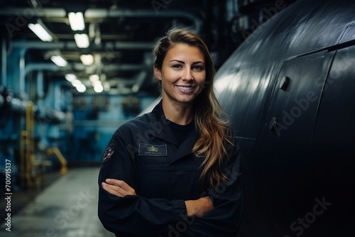 Portrait of a beautiful female factory worker standing with arms crossed in a factory