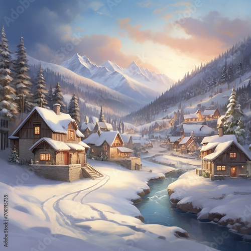 A quiet village in a low-poly winter paradise ai generated picture © Aziz