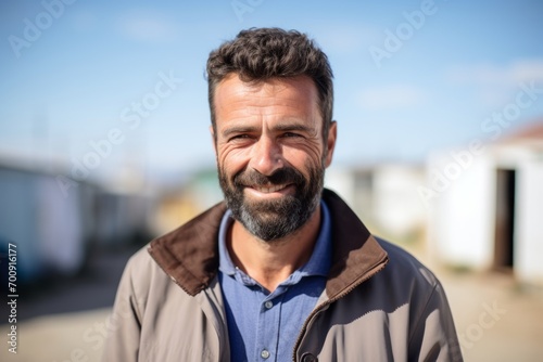 Portrait of a handsome mature man with beard and mustache outdoor.