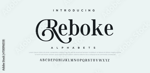 Reboke premium luxury elegant alphabet letters and numbers. Elegant wedding typography classic serif font decorative vintage retro. Creative vector illustration