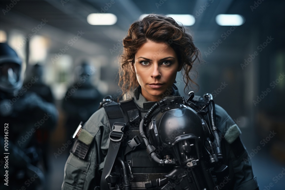 Portrait of a young woman dressed as a special forces soldier. Portrait of a young woman dressed as a special forces soldier.