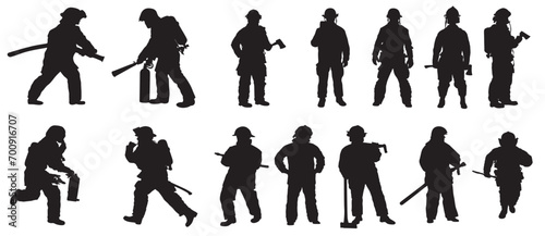 Collection of firefighter silhouettes in different positions photo