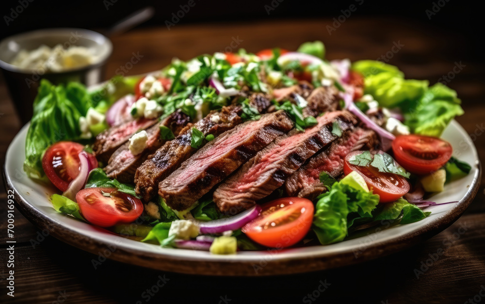 grilled meat with vegetables on plate, steak salad with lettuce and tomatoes grilled meat with vegetables on plate, steak salad with lettuce and tomatoes