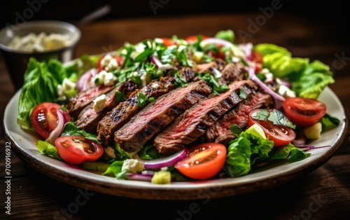 grilled meat with vegetables on plate, steak salad with lettuce and tomatoes