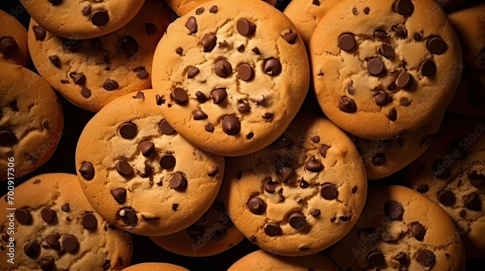 close up of a stack of cookies, chocolate chip cookies, top view