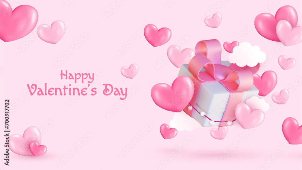 Valentine's Day background with hearts, clouds, gift boxes and lights. Cute illustration for love sale banner or greeting card.
