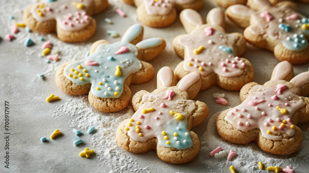 Easter bunny-shaped cookies with pastel icing and sprinkles on a baking sheet, surrounded by scattered candy decorations