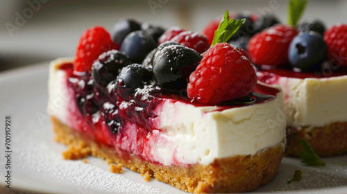 A white frosted cheesecake topped with an assortment of fresh berries  set on a white plate against a soft background.