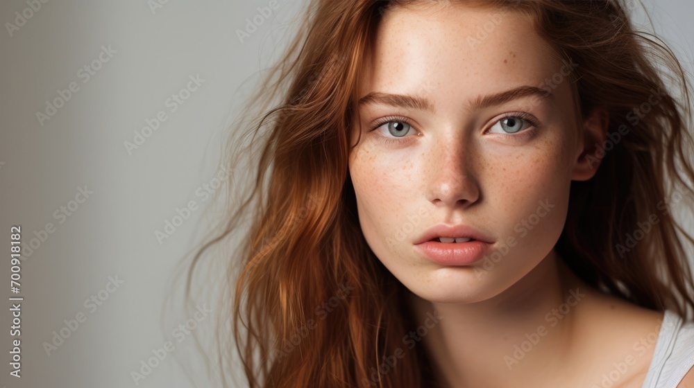 Portrait of a young woman with tousled hair and clear brown eyes, gazing directly at the viewer. Portrait of a young woman with tousled hair and clear brown eyes, gazing directly at the viewer.