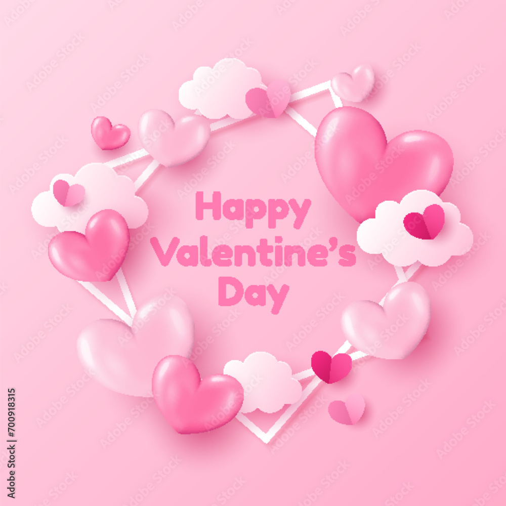 Valentine's Day background with hearts and clouds. Cute illustration for love sale banner or greeting card.