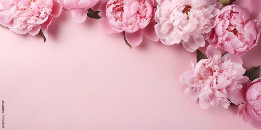 Banner with Peony flowers on light pink background. Greeting card template for Wedding, mothers or woman day. Springtime composition with copy space. Flat lay style 