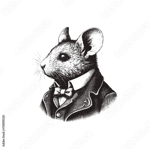 Hand drawn engraving of mouse wearing suit vintage. Vector illustration.