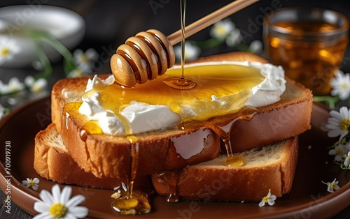 cake with honey,Stack of French toast with yogurt and honey