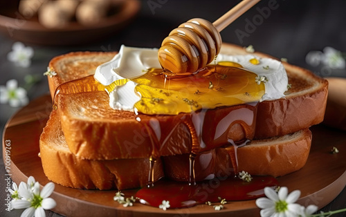 cake with honey,Stack of French toast with yogurt and honey